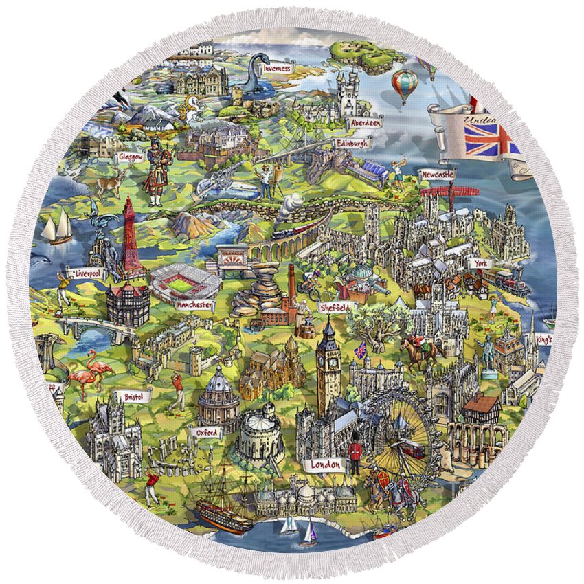 Uk; United Kingdom Round Beach Towel featuring the painting Illustrated Map of the United Kingdom by Maria Rabinky