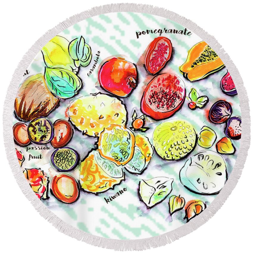Kitchen Round Beach Towel featuring the drawing Illustration Of Exotic Fruits by Ariadna De Raadt