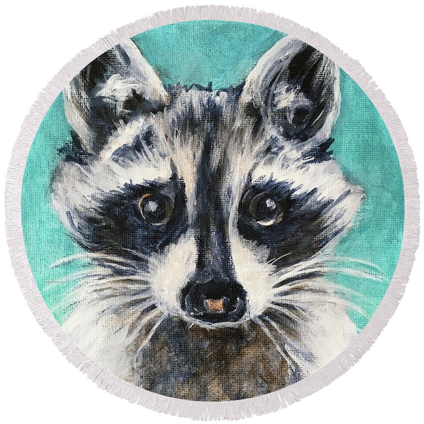 Raccoon Round Beach Towel featuring the painting I'm innocent.... by Bonnie Peacher