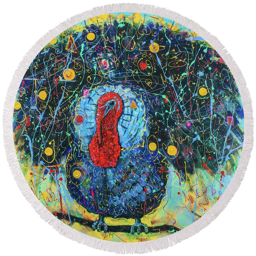 Turkey Round Beach Towel featuring the painting I'm not a dinner by Maxim Komissarchik