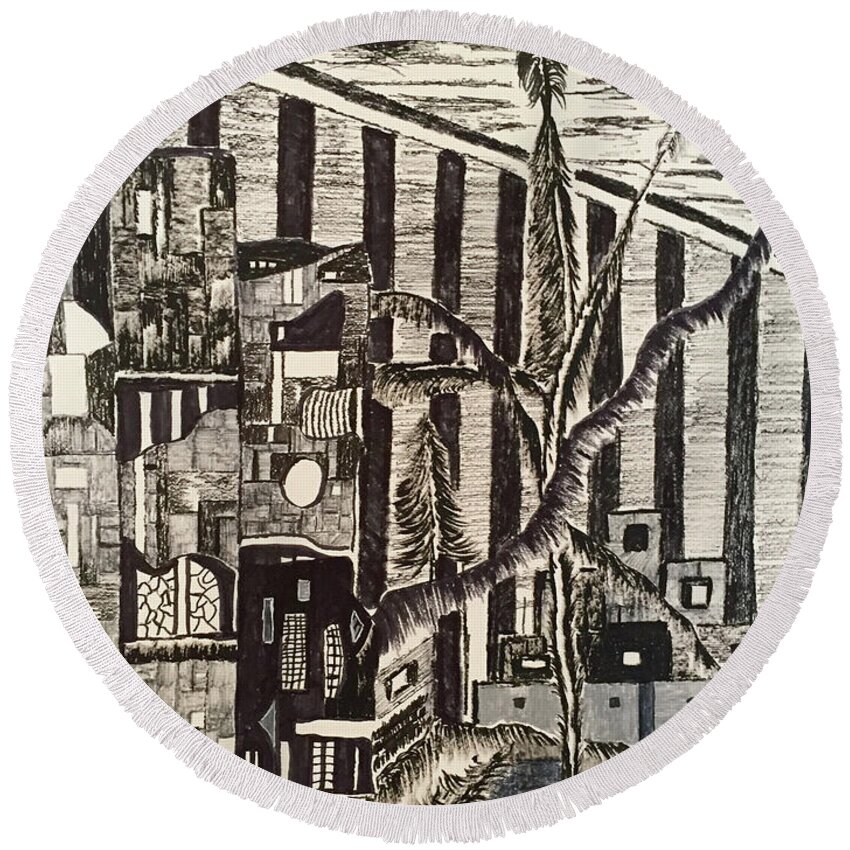 Black & White Round Beach Towel featuring the drawing Imaginary Resort by Dennis Ellman