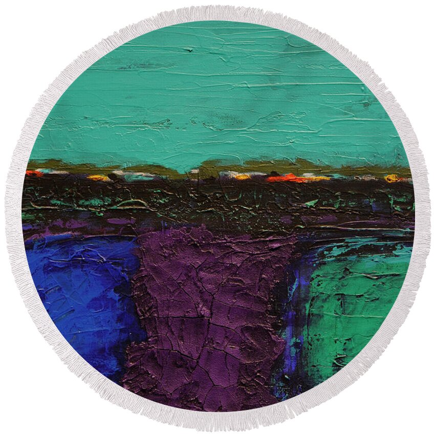 Abstract Round Beach Towel featuring the painting Imagine 6 by Jim Benest