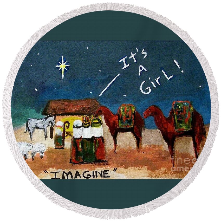 Christmas Card Round Beach Towel featuring the painting Imagine by Frances Marino