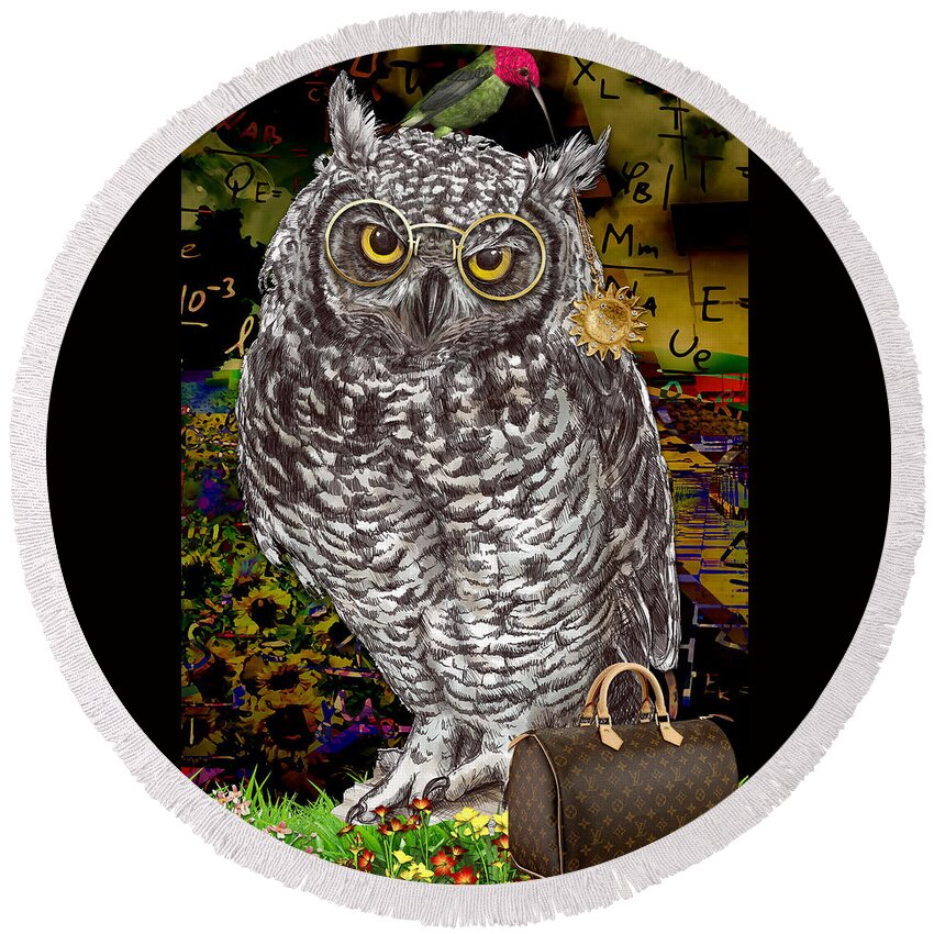 Owl Round Beach Towel featuring the mixed media Imagine by Marvin Blaine