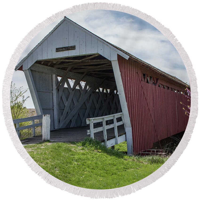 Architecture Round Beach Towel featuring the photograph Imes Covered Bridge 2 by Teresa Wilson