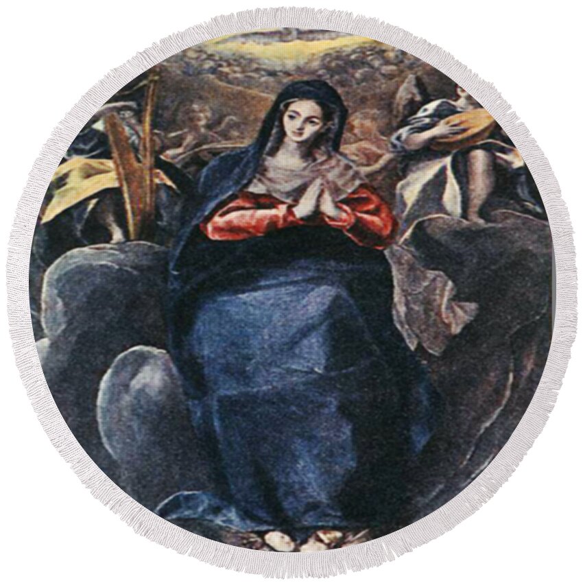 Immaculate Conception Round Beach Towel featuring the mixed media Immaculate Conception 101 by El Greco