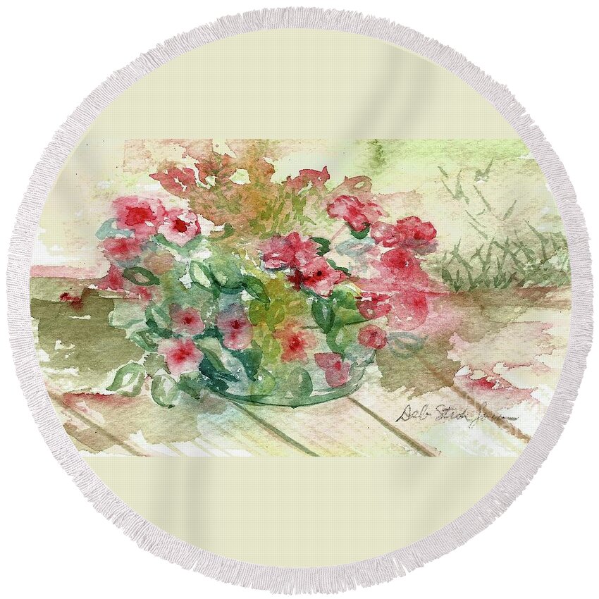 Impatiens Round Beach Towel featuring the painting Impatiens by Deb Stroh-Larson