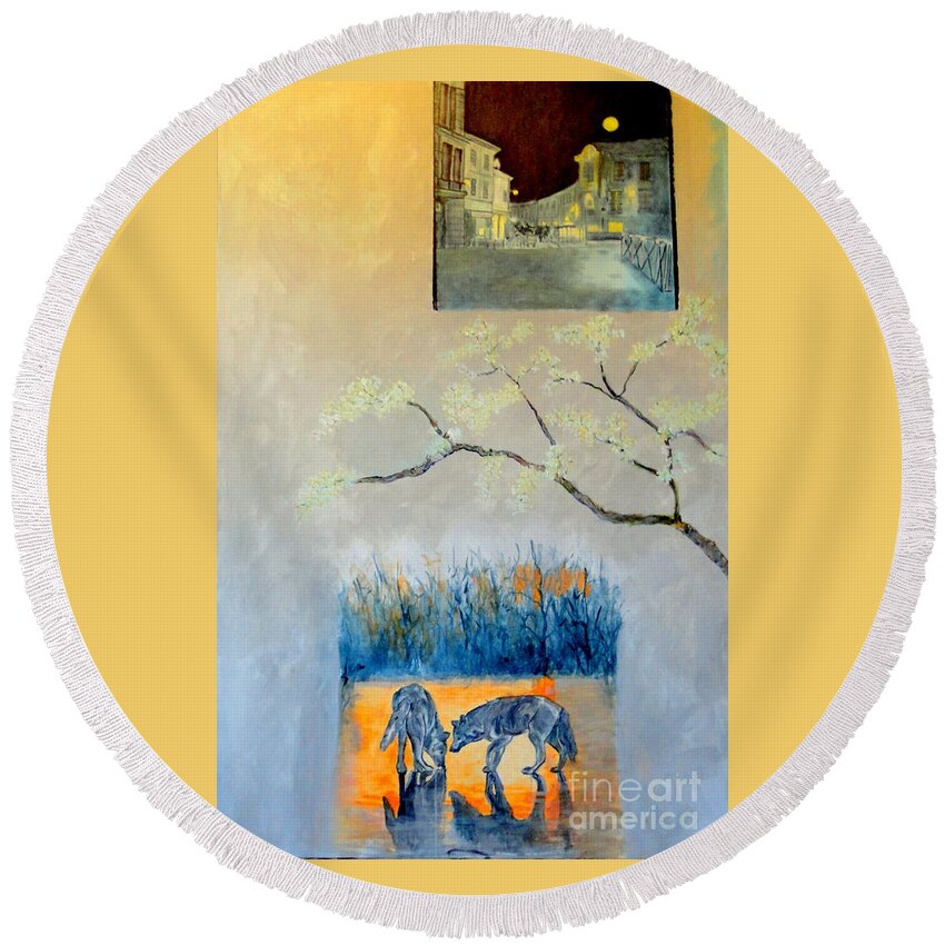 Streetscenery Round Beach Towel featuring the painting Impression Of The Town Of Wolves by Dagmar Helbig