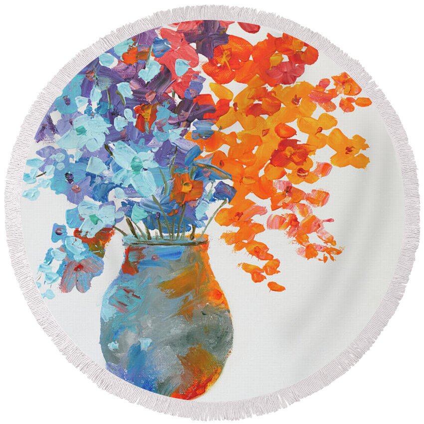  Orange Round Beach Towel featuring the painting Impressionist Flowers 8 by Ken Figurski