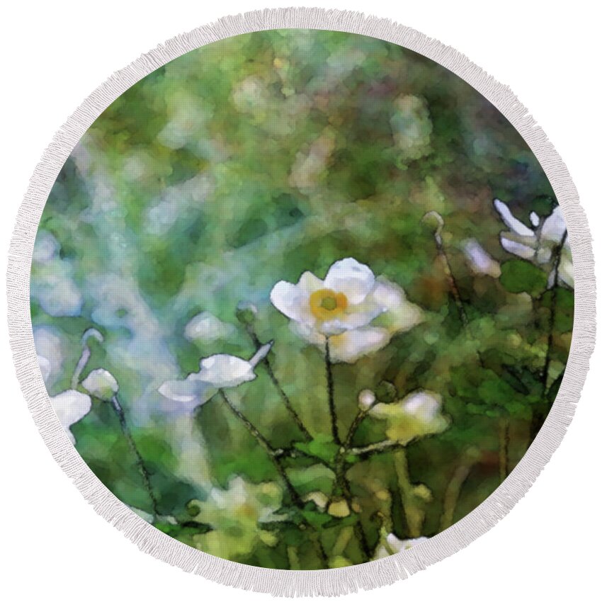 Impressionist Round Beach Towel featuring the photograph Impressionist White Flowers in the Garden 4765 IDP_2 by Steven Ward