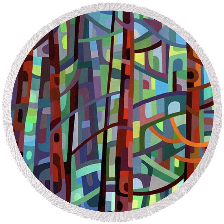  Round Beach Towel featuring the painting In a Pine Forest - crop by Mandy Budan
