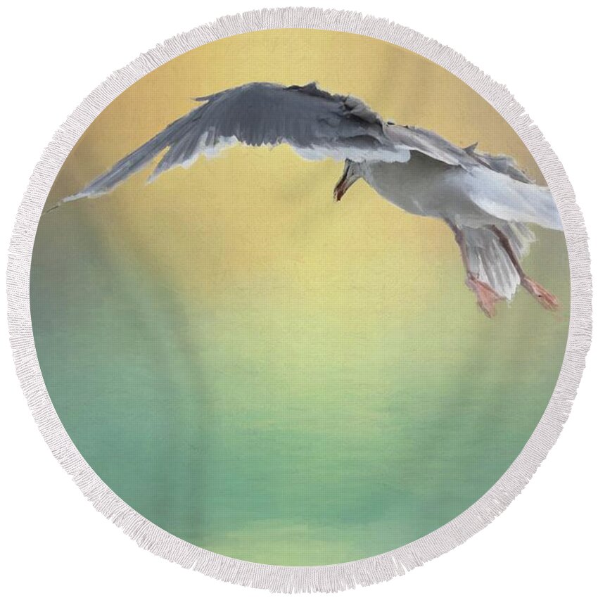 Seagull Round Beach Towel featuring the photograph In Flight by Eva Lechner