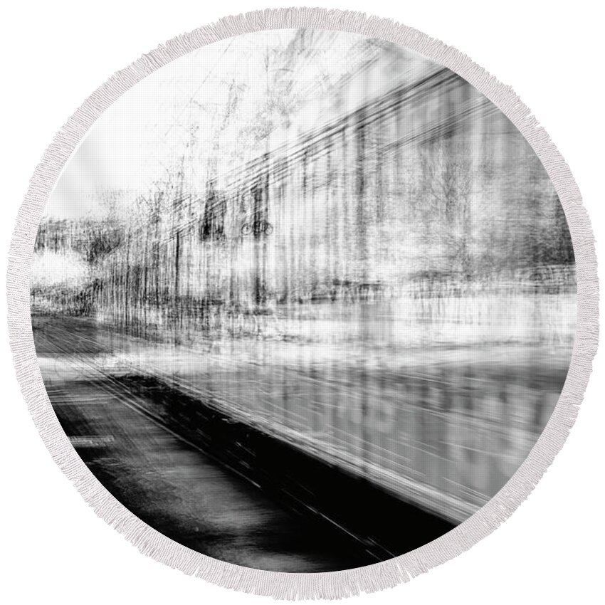 San Diego Round Beach Towel featuring the photograph San Diego Trolley In Motion Monochrome by Joseph S Giacalone