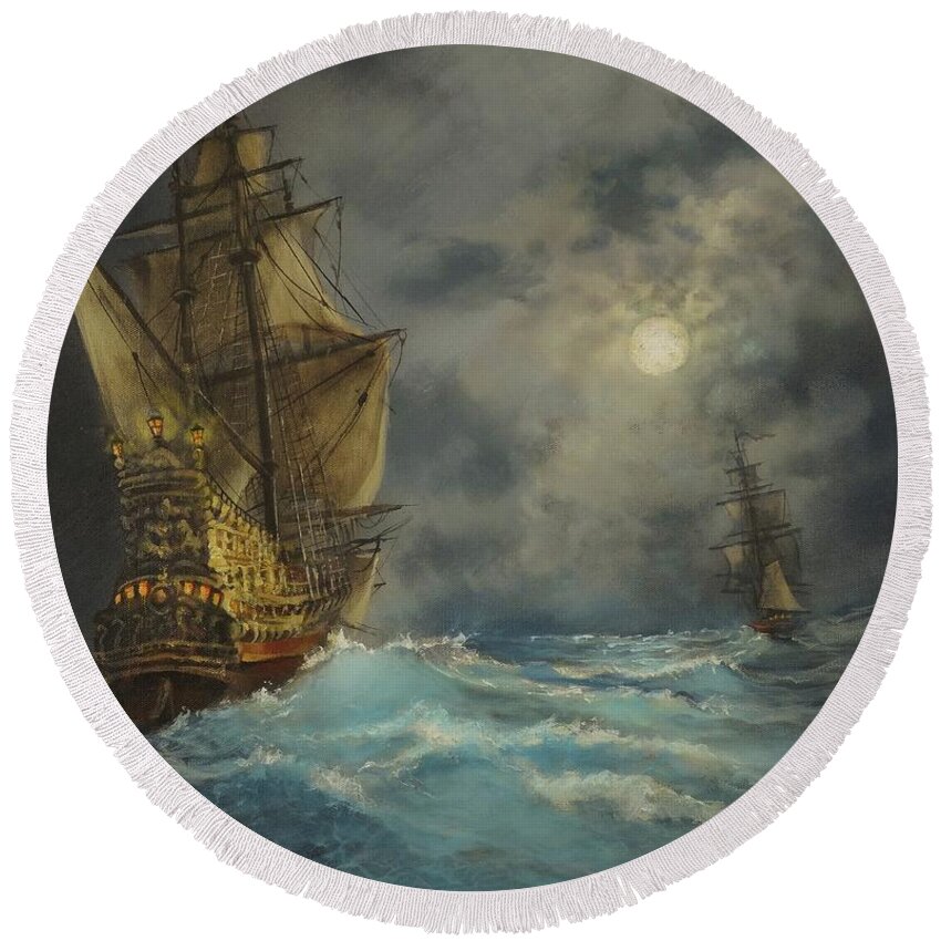 Pirate Ship Round Beach Towel featuring the painting In Pursuit by Tom Shropshire