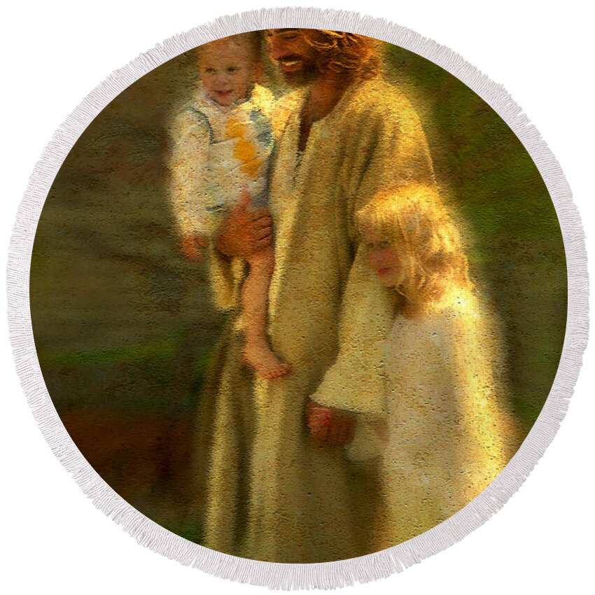 Jesus Round Beach Towel featuring the painting In the Arms of His Love by Greg Olsen