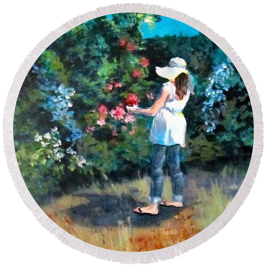 Garden Round Beach Towel featuring the painting In the Garden by Barbara O'Toole