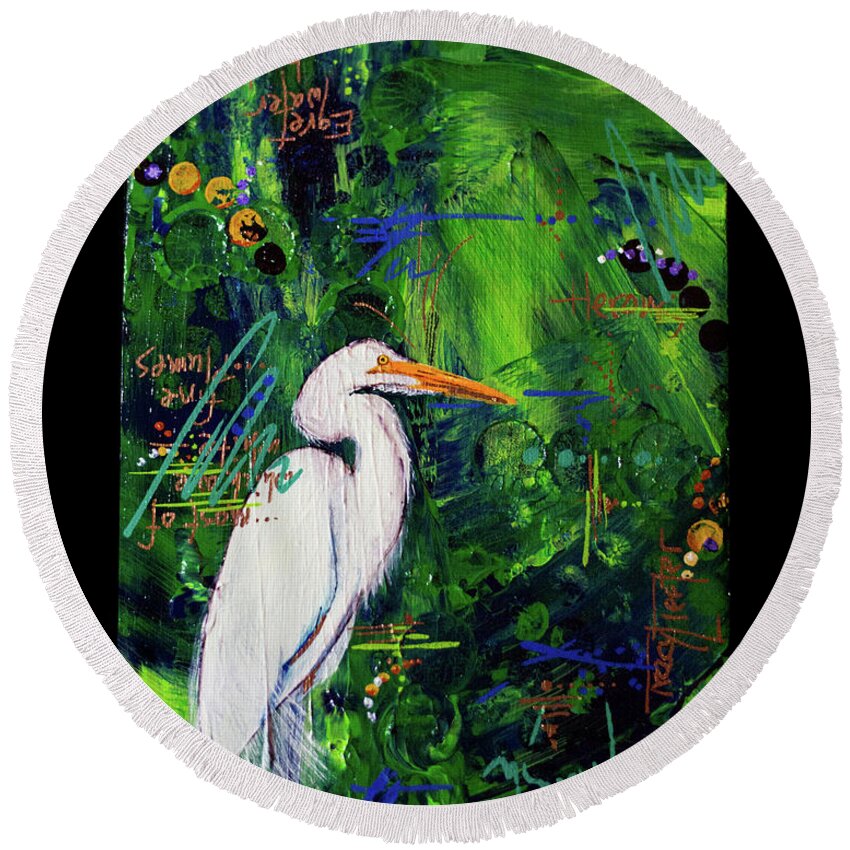 Egret Round Beach Towel featuring the painting In the Modern World by Tracy L Teeter