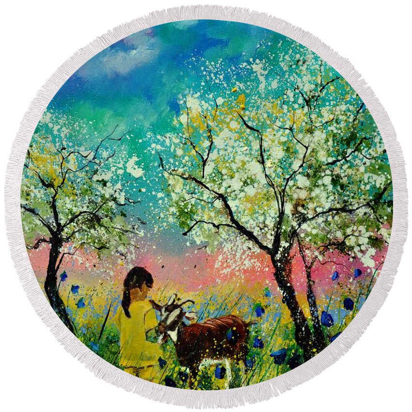 Landscape Round Beach Towel featuring the painting In the orchard by Pol Ledent