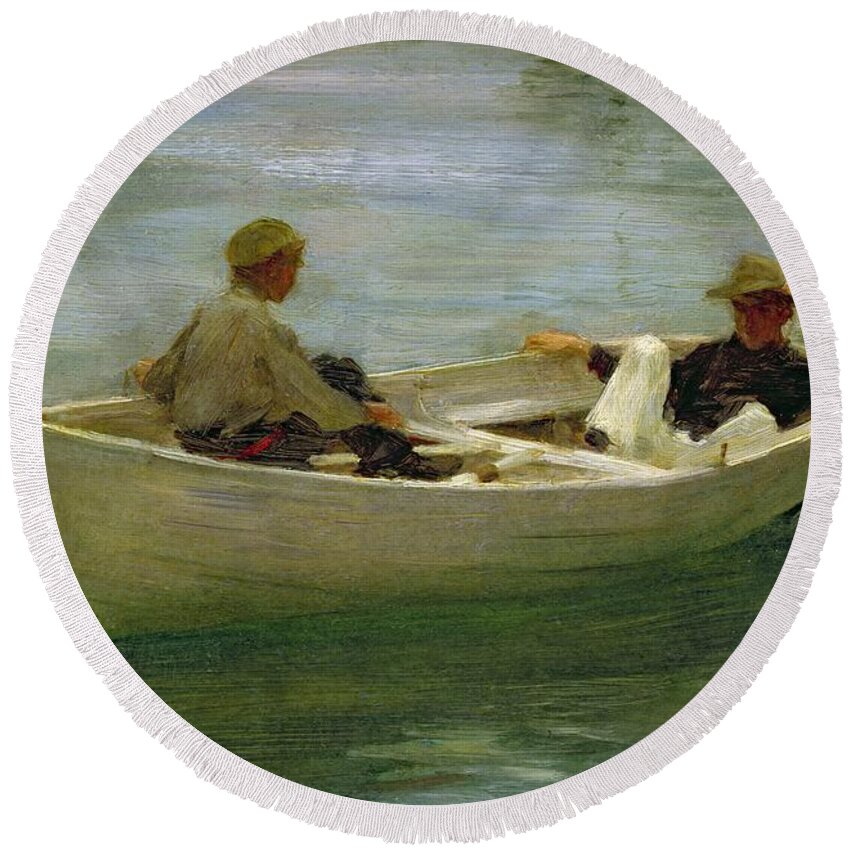 Rowing Round Beach Towel featuring the painting In the Rowing Boat by Henry Scott Tuke