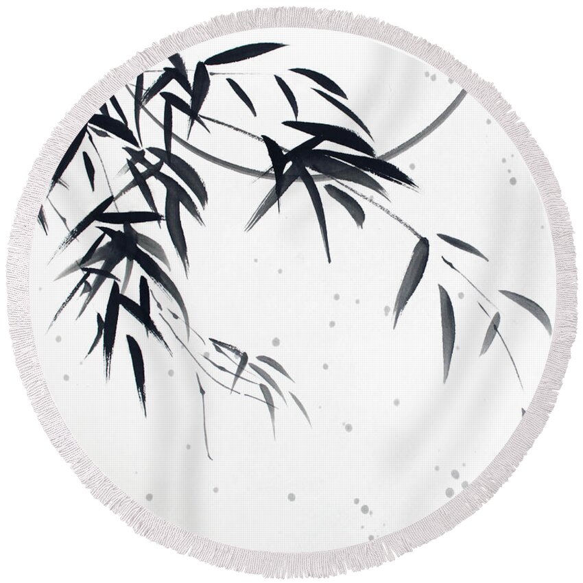 Chinese Painting Round Beach Towel featuring the painting In The Still Of The Night by Oiyee At Oystudio