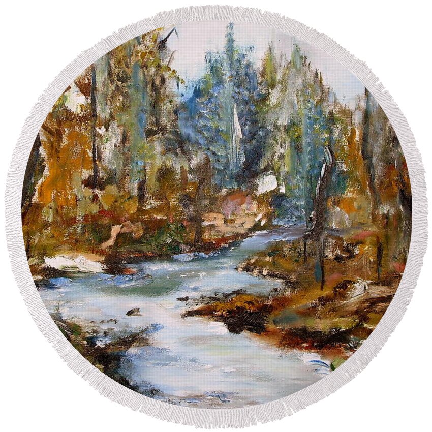 Landscape Round Beach Towel featuring the painting In the woods by Jodie Marie Anne Richardson Traugott     aka jm-ART