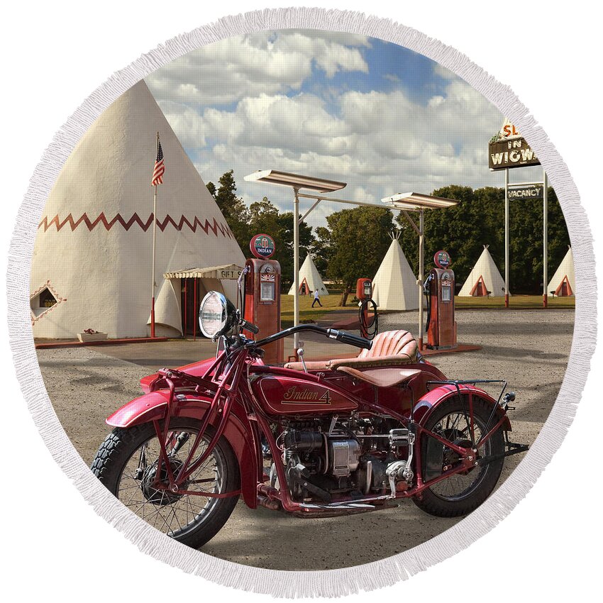 Indian Motorcycle Round Beach Towel featuring the photograph Indian 4 Motorcycle with sidecar by Mike McGlothlen