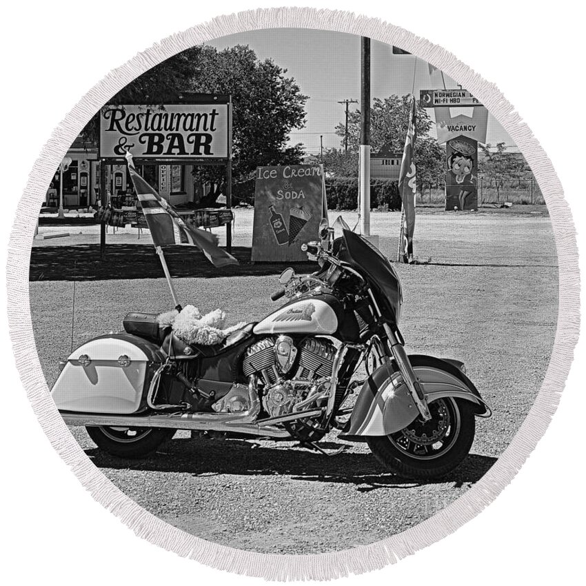 Indian Motorcycle Round Beach Towel featuring the photograph Indian at the stagecoach by Tru Waters