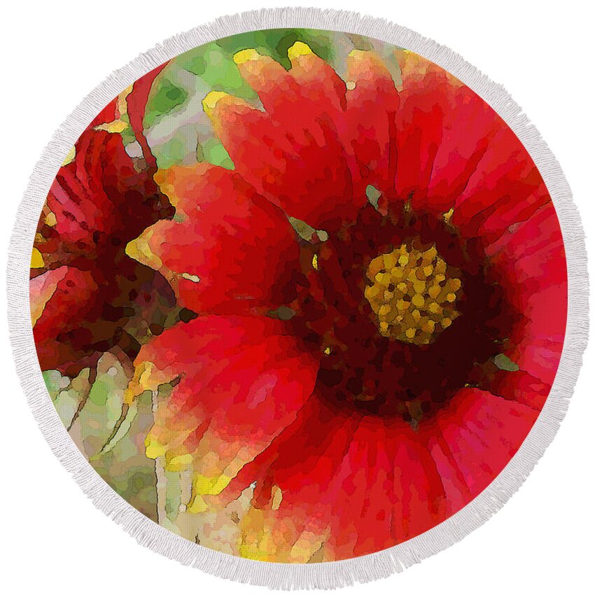 Botanical Round Beach Towel featuring the mixed media Indian Blanket Flowers by Shelli Fitzpatrick