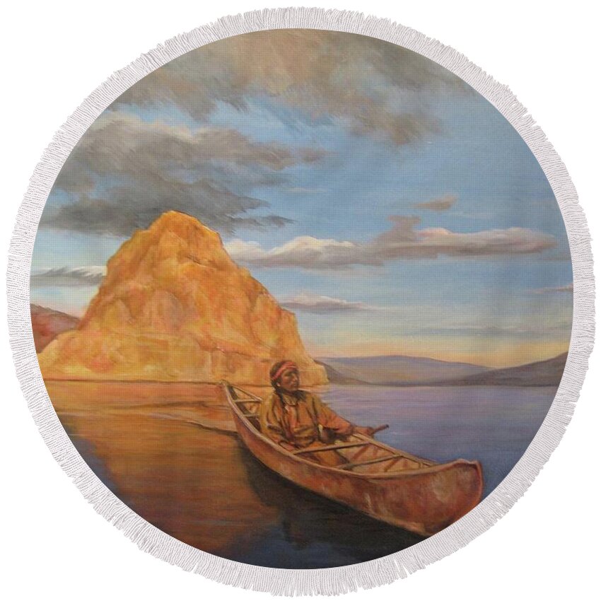Nature Round Beach Towel featuring the painting Indian on Lake Pyramid by Donna Tucker