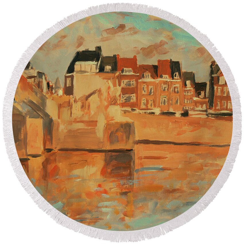 Maastricht Round Beach Towel featuring the painting Indian Summer light Maastricht by Nop Briex