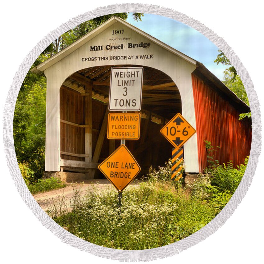 Mill Creek Covered Bridge Round Beach Towel featuring the photograph Indiana Mill Creek Covered Bridge by Adam Jewell