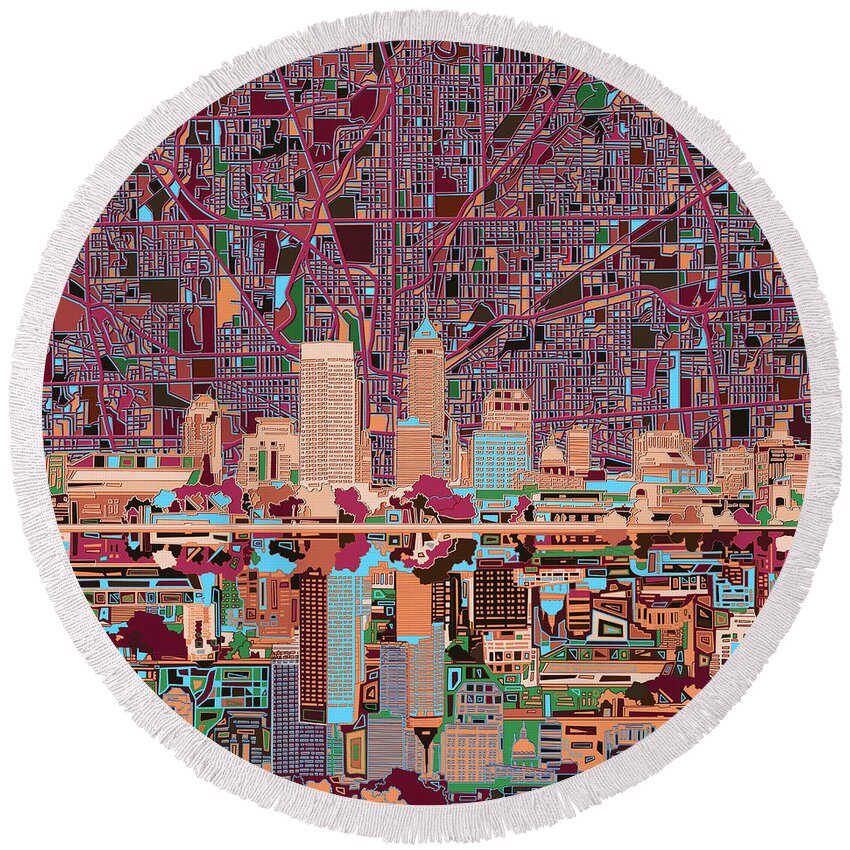Indianapolis Round Beach Towel featuring the painting Indianapolis Skyline Abstract 4 by Bekim M