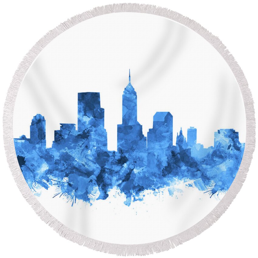 Indianapolis Round Beach Towel featuring the painting Indianapolis Skyline Watercolor Blue by Bekim M