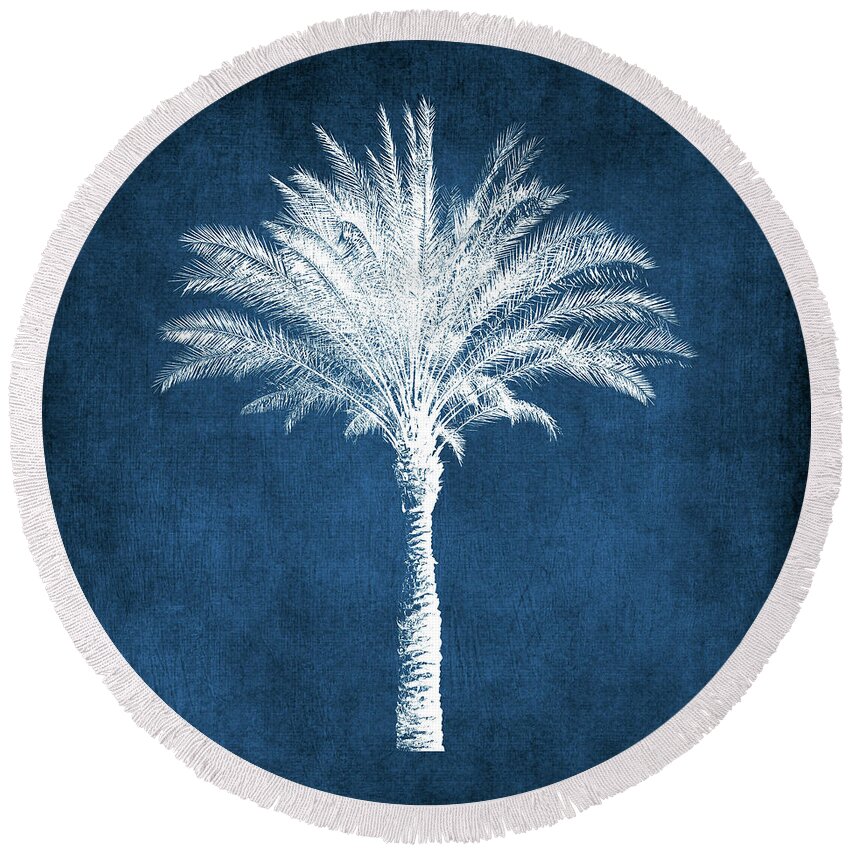 Palm Tree Round Beach Towel featuring the mixed media Indigo and White Palm Tree- Art by Linda Woods by Linda Woods