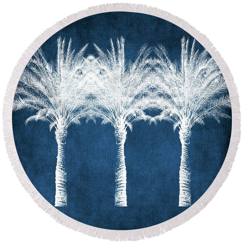 Palm Tree Round Beach Towel featuring the mixed media Indigo And White Palm Trees- Art by Linda Woods by Linda Woods