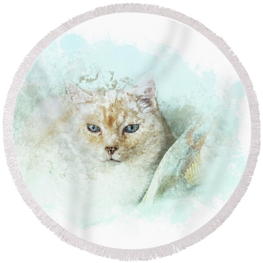 Cat Round Beach Towel featuring the mixed media Indigo by Eva Lechner