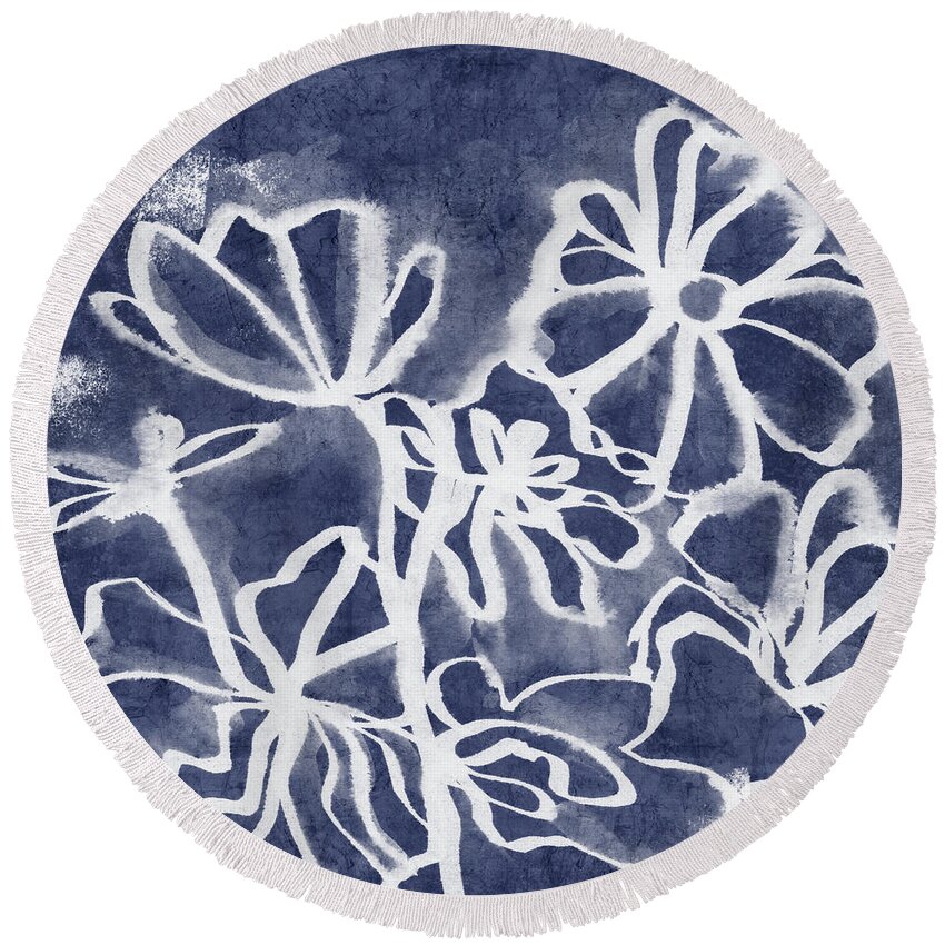 Indigo Round Beach Towel featuring the painting Indigo Floral 3- Art by Linda Woods by Linda Woods