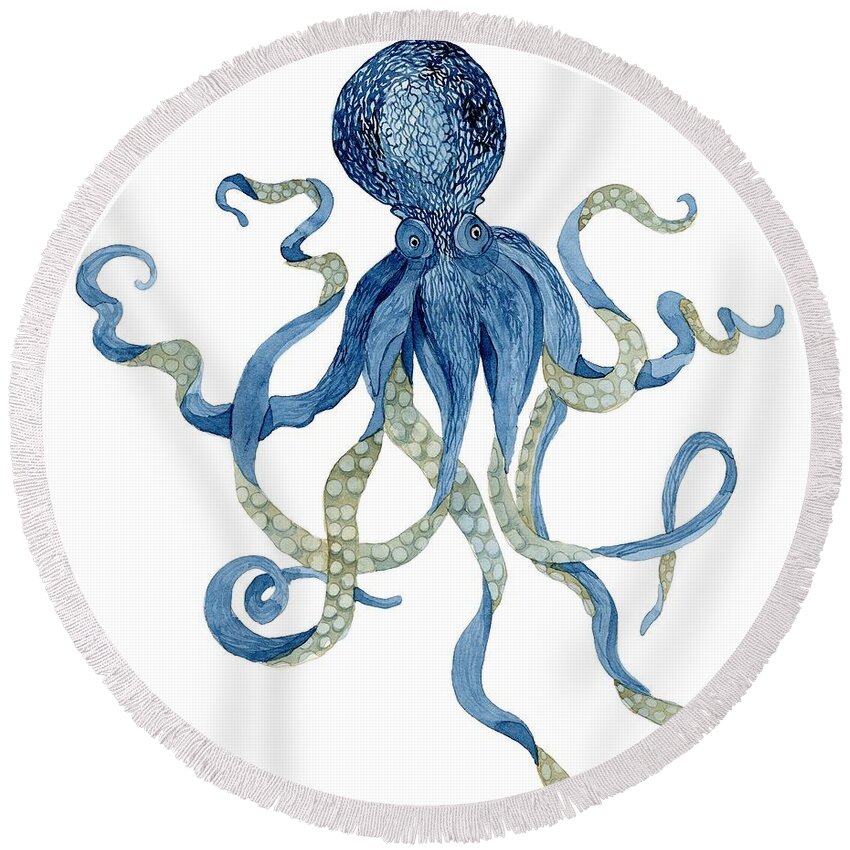 Indigo Round Beach Towel featuring the painting Indigo Ocean Blue Octopus by Audrey Jeanne Roberts