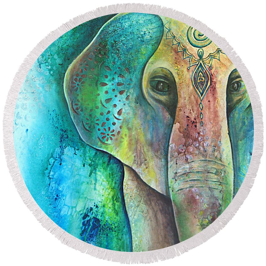 Elephant Round Beach Towel featuring the painting Sacred Elephant by Reina Cottier