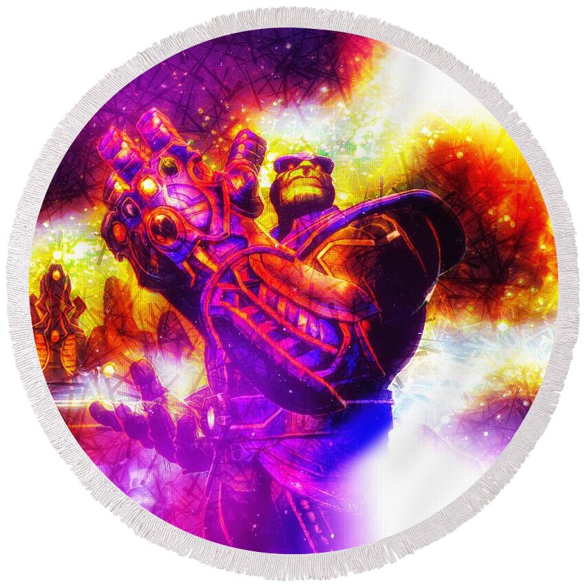 Thanos Round Beach Towel featuring the digital art Infinity Gauntlet by HELGE Art Gallery