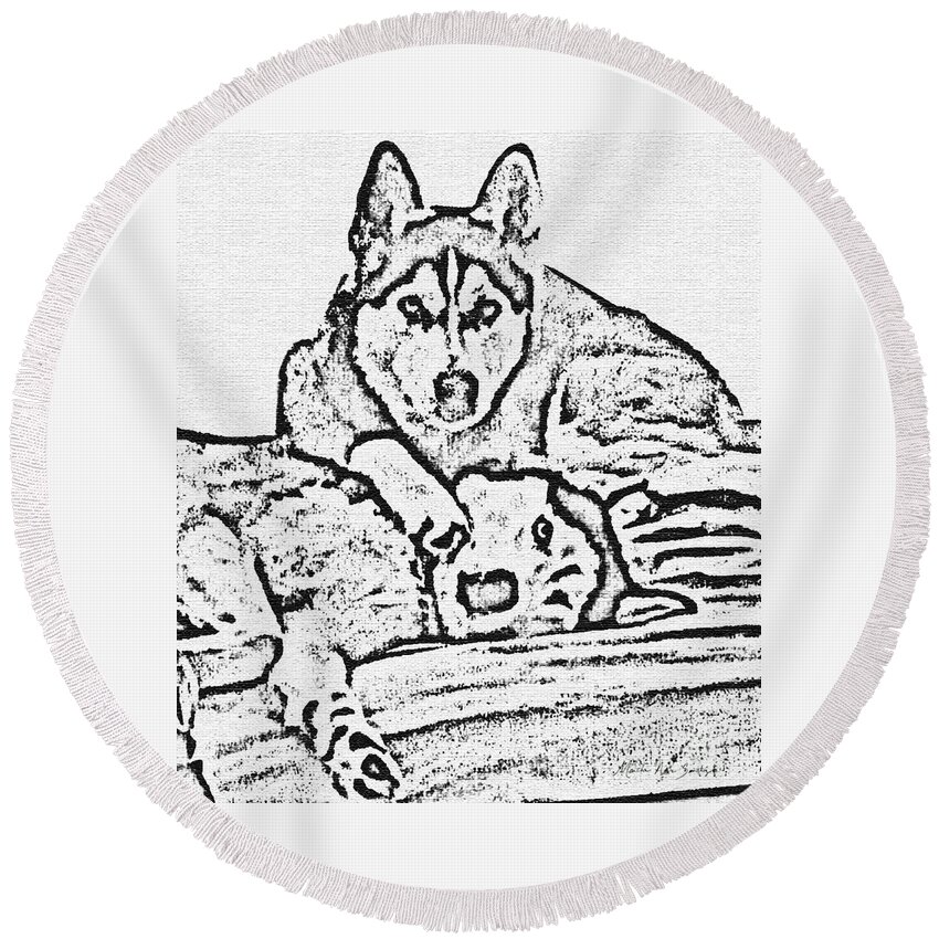 Abstract Round Beach Towel featuring the painting Ink Drawing Huskies by Mas Art Studio