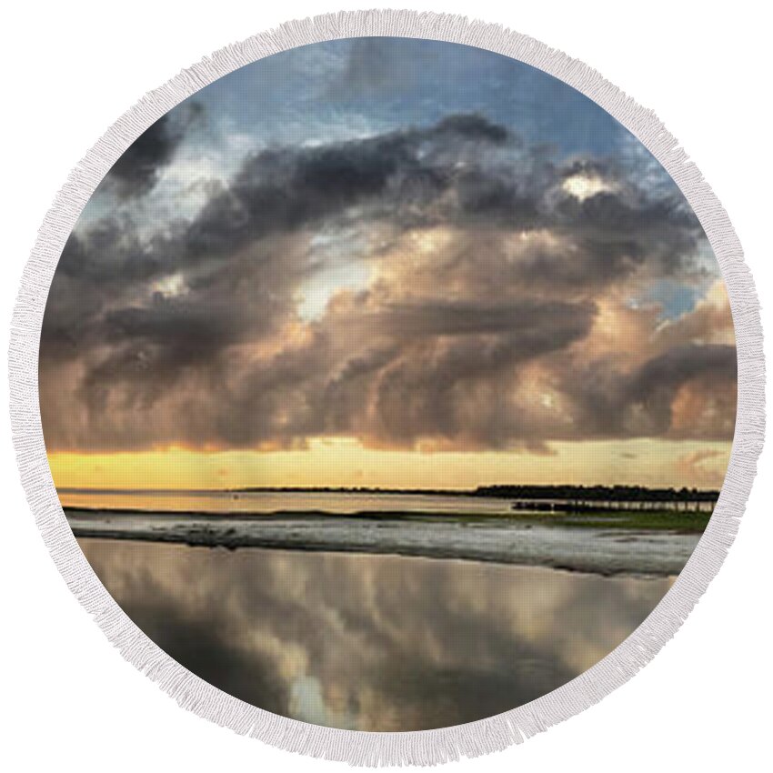 Sunrise Prints Round Beach Towel featuring the photograph Inlet Sunrise Panorama by Phil Mancuso
