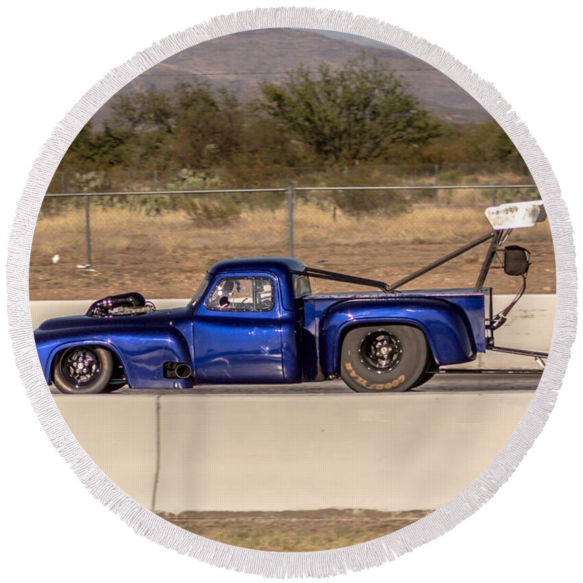 Ford Round Beach Towel featuring the photograph Insane Ford truck drag by Darrell Foster