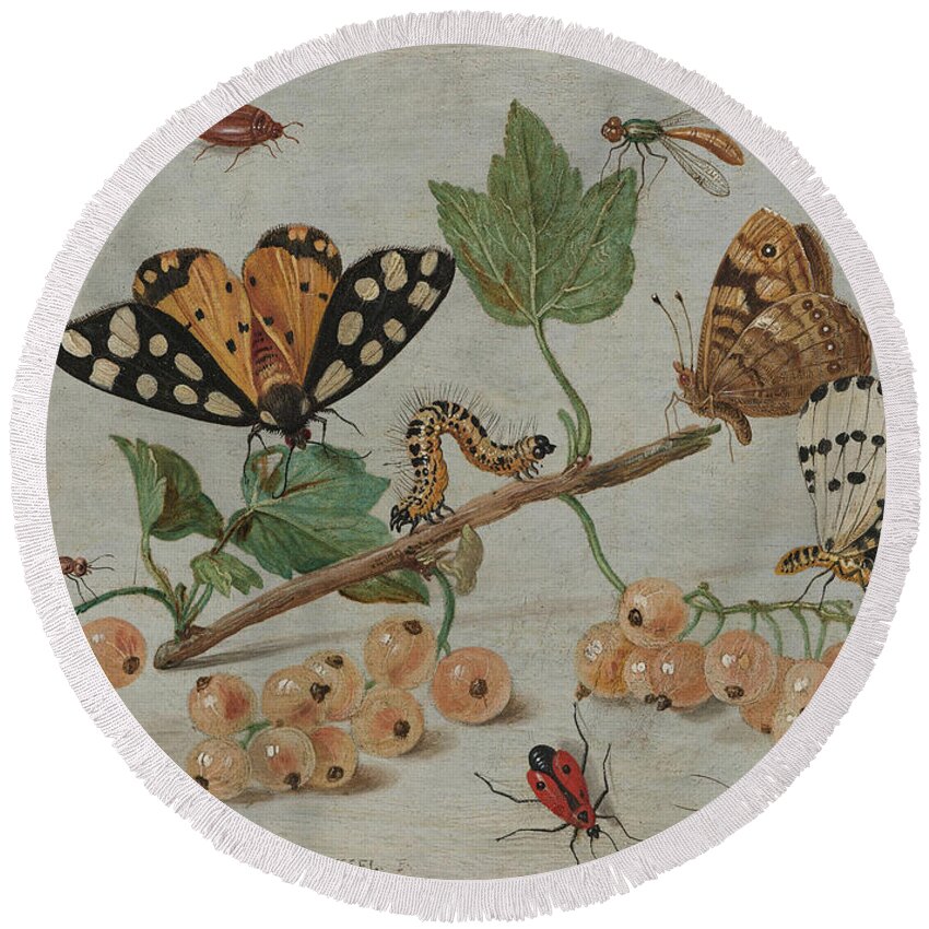 Flemish Round Beach Towel featuring the painting Insects and Fruit, by Jan Van Kessel