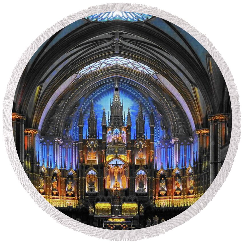 Notre-dame Basilica Round Beach Towel featuring the photograph Inside of Notre Dame Basilica, Montreal by Lyuba Filatova