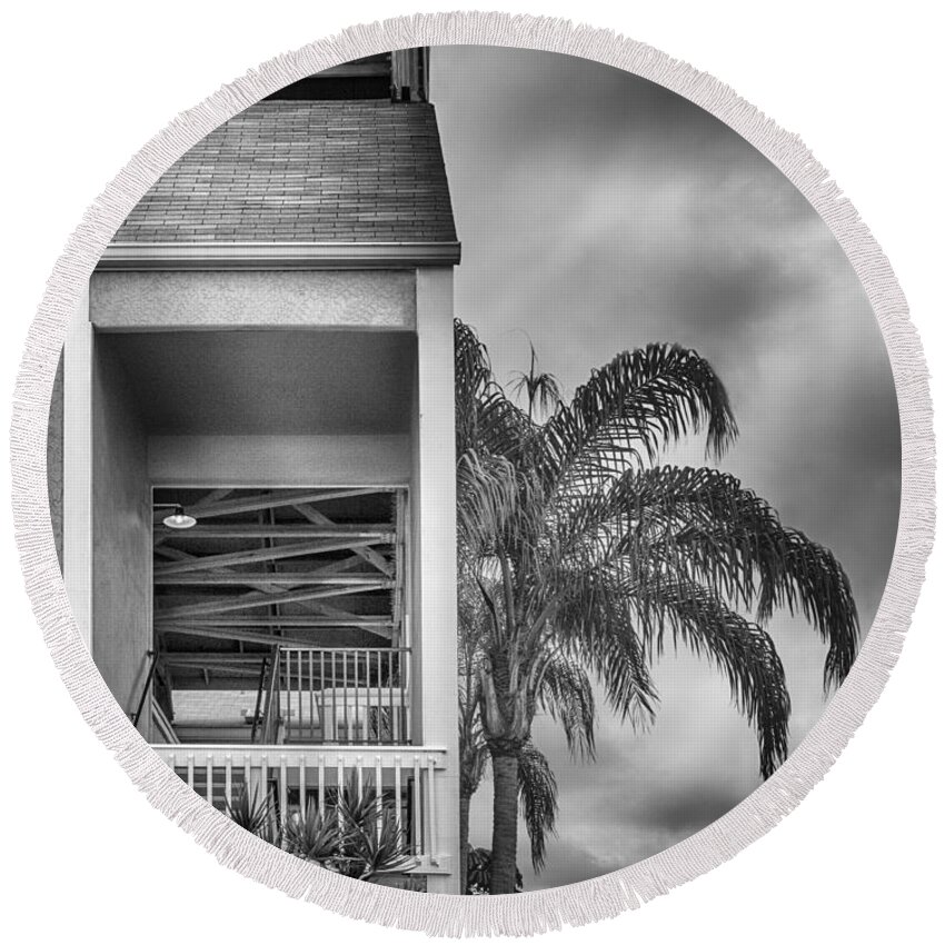 Building Round Beach Towel featuring the photograph Inside Outside - Black and White by Mitch Spence