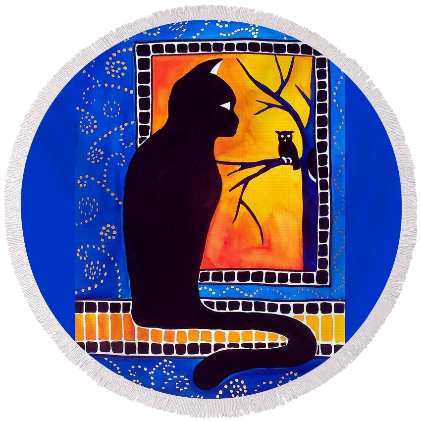Black Cat Round Beach Towel featuring the painting Insomnia - Cat and Owl Art by Dora Hathazi Mendes by Dora Hathazi Mendes
