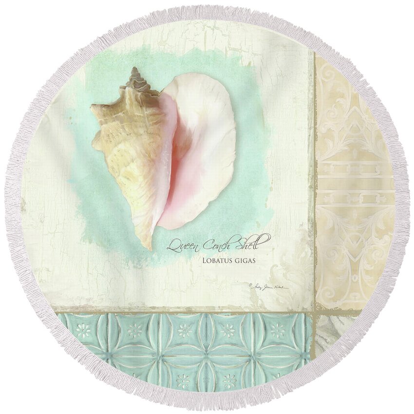 Queen Conch Shell Round Beach Towel featuring the painting Inspired Coast Collage - Queen Conch Shell Tile Patterns by Audrey Jeanne Roberts