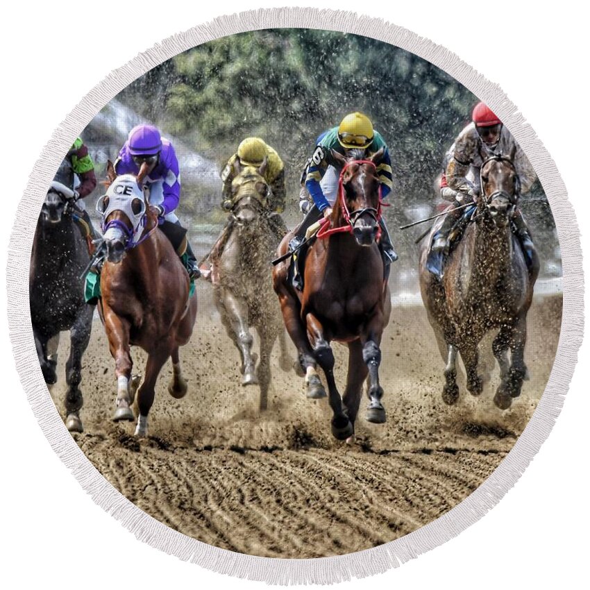 Race Horses Round Beach Towel featuring the photograph Intensity by Jeffrey PERKINS