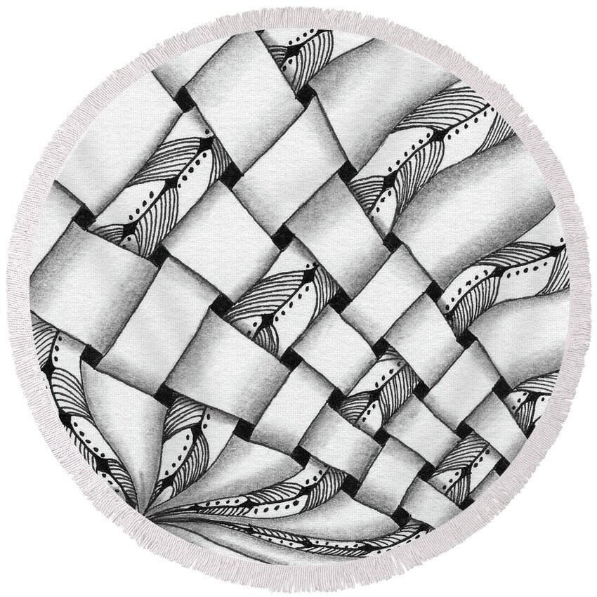 Zentangle Round Beach Towel featuring the drawing Interwoven by Jan Steinle